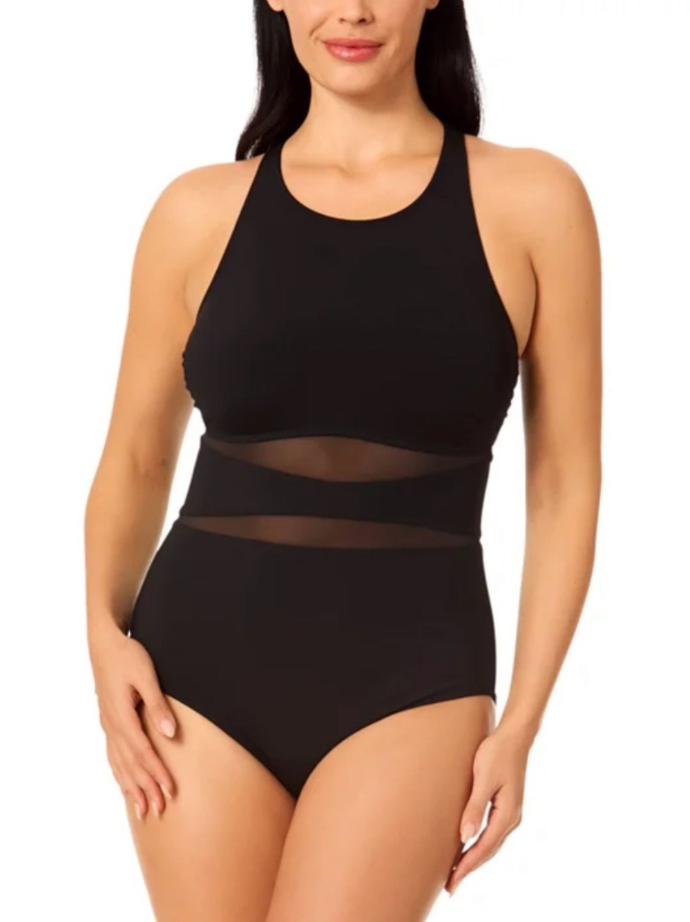 Lands' End Black High-Neck One-Piece Swimsuit with Mesh Panels